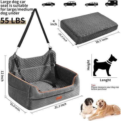 Dog Car Seat for Large/Medium Dogs - Memory Foam Dog Booster Seat for Under 55Lbs or 2 Small Dogs-Detachable and Washable Travel Bed with Thick Cushion and Storage Pockets-Grey in Kuwait