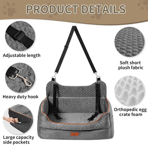 Dog Car Seat for Large/Medium Dogs - Memory Foam Dog Booster Seat for Under 55Lbs or 2 Small Dogs-Detachable and Washable Travel Bed with Thick Cushion and Storage Pockets-Grey in Kuwait