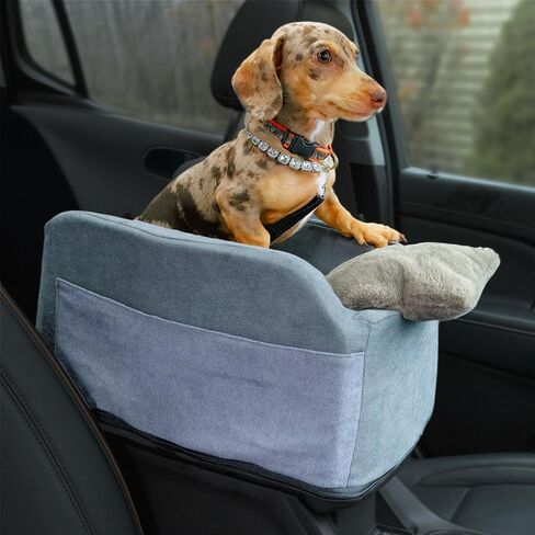 Center Console Dog Car Seat - Safety Straps & Leash - Comfortable Foam and Plush Pillows - Adjustable Mount Design - Large Storage Pockets for Accessories - Perfect for Small Pets & Cats (Grey) in Saudi Arabia