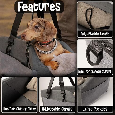 Center Console Dog Car Seat - Safety Straps & Leash - Comfortable Foam and Plush Pillows - Adjustable Mount Design - Large Storage Pockets for Accessories - Perfect for Small Pets & Cats (Grey) in Saudi Arabia