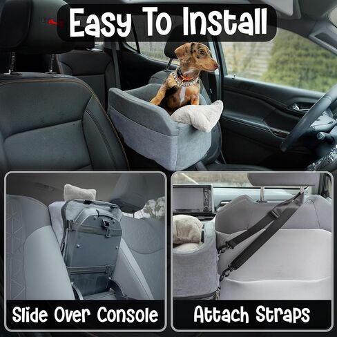 Center Console Dog Car Seat - Safety Straps & Leash - Comfortable Foam and Plush Pillows - Adjustable Mount Design - Large Storage Pockets for Accessories - Perfect for Small Pets & Cats (Grey) in Saudi Arabia