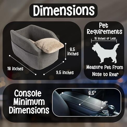 Center Console Dog Car Seat - Safety Straps & Leash - Comfortable Foam and Plush Pillows - Adjustable Mount Design - Large Storage Pockets for Accessories - Perfect for Small Pets & Cats (Grey) in Saudi Arabia