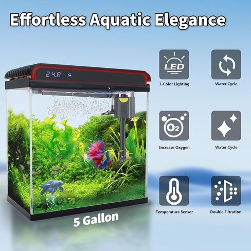 Glass 5 Gallon Fish Tank Aquarium - Smart Self-Cleaning Starter Kit with 3-Color LED Light, Ultra Quiet Pump & Filter, Temperature Monitoring for Betta Fish and Shrimp in Kuwait