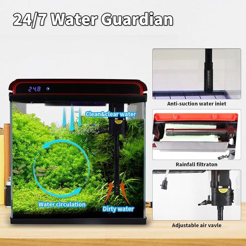 Glass 5 Gallon Fish Tank Aquarium - Smart Self-Cleaning Starter Kit with 3-Color LED Light, Ultra Quiet Pump & Filter, Temperature Monitoring for Betta Fish and Shrimp in Kuwait