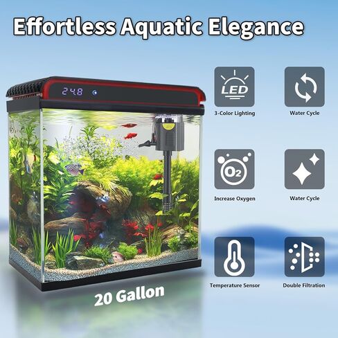 Glass 5 Gallon Fish Tank Aquarium - Smart Self-Cleaning Starter Kit with 3-Color LED Light, Ultra Quiet Pump & Filter, Temperature Monitoring for Betta Fish and Shrimp in Kuwait