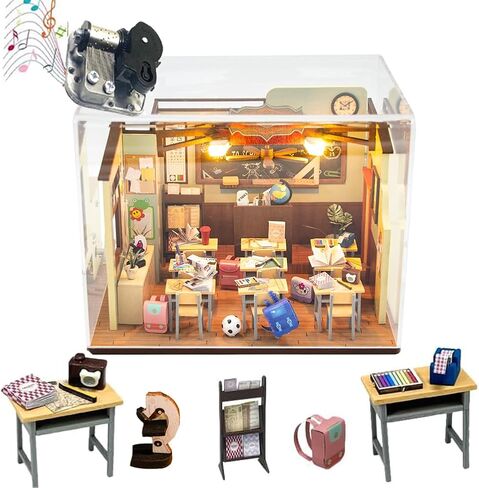 DIY Miniature Dollhouse Kit Back to School House Wooden Miniatures House Crafts DIY Model Kits Christmas Birthday Gifts for Men and Women Friend (Without Dust Cover) in Saudi Arabia