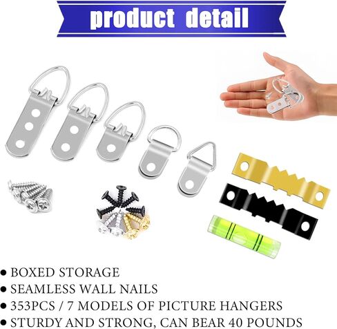 353PCS Golden Picture Hanging Kit,Picture Hangers Heavy Duty Picture Hanging Hooks with Screws,Picture Frame Hooks Heavy Duty Picture Framing Supplies Kit for Picture Hanging(7 Types) in Saudi Arabia