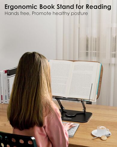 Book Stand for Reading, Aboutool Adjustable Book Holder with 360° Swivel Base & Page Clips, Foldable Cookbook Stand Textbook Stand for Music Scores, Recipe, Tablet, Laptop, Textbook in Kuwait