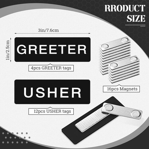12 Pcs Magnetic Usher Badges and 4 Pcs Greeter Name Tag for Church Acrylic Usher Name Tags with Magnet Usher and Greeter Badges for Uniform Clothe Church Gathering, 1 x 3 Inch in Kuwait