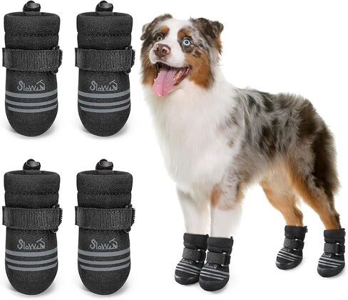SlowTon Dog Shoes for Medium Large Dogs - Water Resistant Anti-Slip Dog Boots for Hot Pavement Rain Snow,Reflective Dog Paw Protectors for Outdoor Walking, Indoor Hardfloors(Black,7) in Kuwait