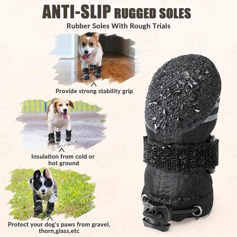 SlowTon Dog Shoes for Medium Large Dogs - Water Resistant Anti-Slip Dog Boots for Hot Pavement Rain Snow,Reflective Dog Paw Protectors for Outdoor Walking, Indoor Hardfloors(Black,7) in Kuwait