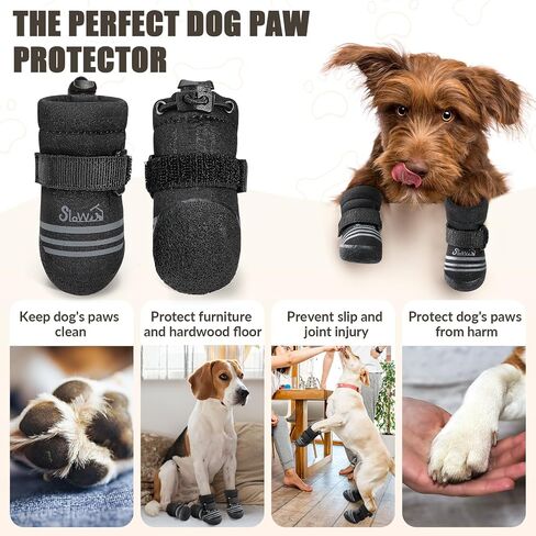 SlowTon Dog Shoes for Medium Large Dogs - Water Resistant Anti-Slip Dog Boots for Hot Pavement Rain Snow,Reflective Dog Paw Protectors for Outdoor Walking, Indoor Hardfloors(Black,7) in Kuwait