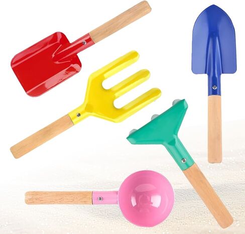 Beach Toys, 5 Pcs Kids Garden Tools, 8'' Children Beach Sand Toys Gardening Set with Sturdy Wooden Handle, Safe Kids Metal Beach Shovel with Spoon, Fork, Rake, Flat Shovel & Pointed Shovel in Kuwait