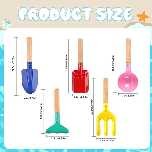 Beach Toys, 5 Pcs Kids Garden Tools, 8'' Children Beach Sand Toys Gardening Set with Sturdy Wooden Handle, Safe Kids Metal Beach Shovel with Spoon, Fork, Rake, Flat Shovel & Pointed Shovel in Kuwait
