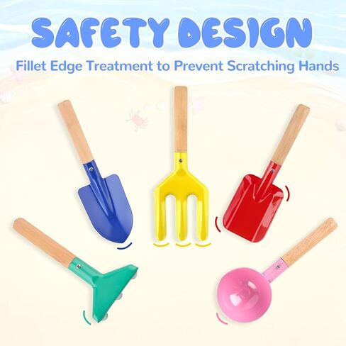 Beach Toys, 5 Pcs Kids Garden Tools, 8'' Children Beach Sand Toys Gardening Set with Sturdy Wooden Handle, Safe Kids Metal Beach Shovel with Spoon, Fork, Rake, Flat Shovel & Pointed Shovel in Kuwait