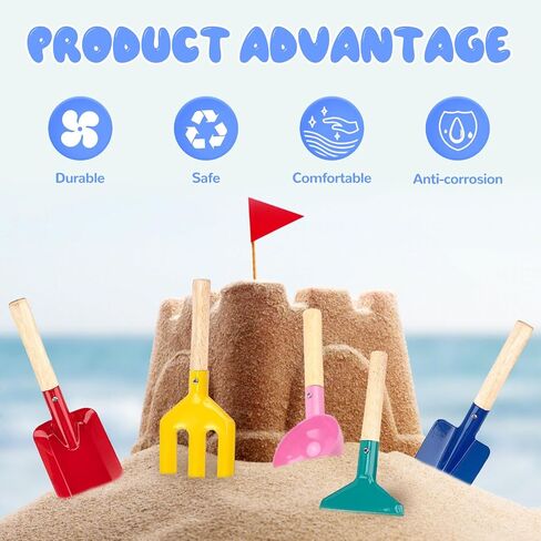 Beach Toys, 5 Pcs Kids Garden Tools, 8'' Children Beach Sand Toys Gardening Set with Sturdy Wooden Handle, Safe Kids Metal Beach Shovel with Spoon, Fork, Rake, Flat Shovel & Pointed Shovel in Kuwait