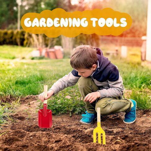 Beach Toys, 5 Pcs Kids Garden Tools, 8'' Children Beach Sand Toys Gardening Set with Sturdy Wooden Handle, Safe Kids Metal Beach Shovel with Spoon, Fork, Rake, Flat Shovel & Pointed Shovel in Kuwait