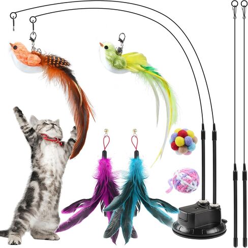 ROSAUI 11-Pack Cat Toy Set with Suction Cup Base and Wire Teasers – Interactive Bird and Feather Attachments with Yarn Balls for Cats and Kittens – Indoor Cat Fun and Exercise in Kuwait