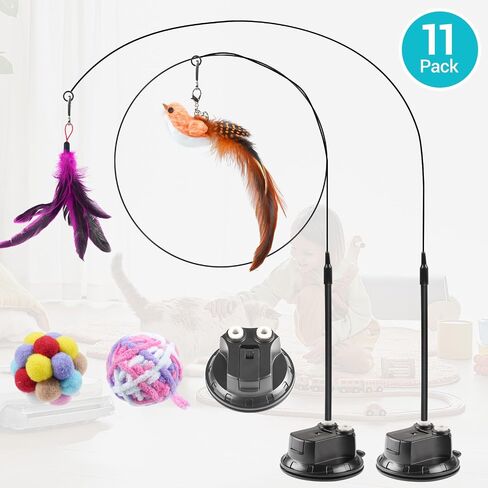 ROSAUI 11-Pack Cat Toy Set with Suction Cup Base and Wire Teasers – Interactive Bird and Feather Attachments with Yarn Balls for Cats and Kittens – Indoor Cat Fun and Exercise in Kuwait