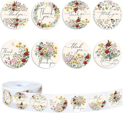 Whaline 1000Pcs Wildflower Thank You Stickers Roll Spring Floral Label Decals 8 Designs Colorful Flower Self-Adhesive Round Seal Stickers for Baby Shower Gifts Envelopes Greeting Cards Party Supplies in Saudi Arabia