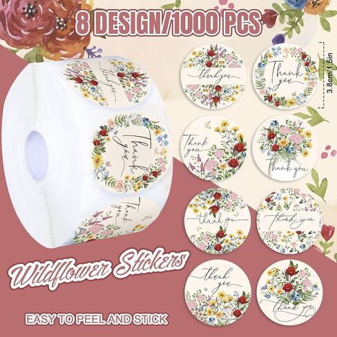 Whaline 1000Pcs Wildflower Thank You Stickers Roll Spring Floral Label Decals 8 Designs Colorful Flower Self-Adhesive Round Seal Stickers for Baby Shower Gifts Envelopes Greeting Cards Party Supplies in Saudi Arabia