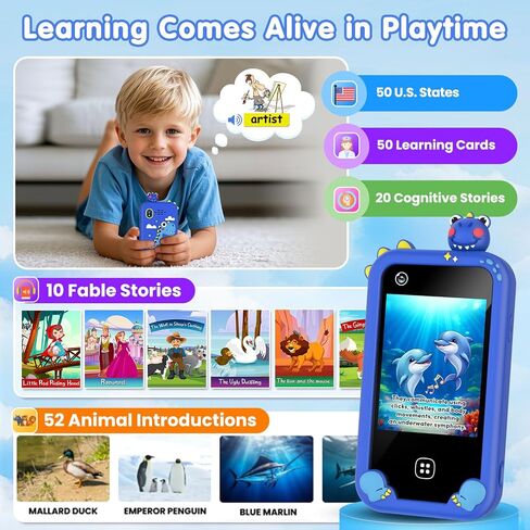 Kids Smart Phone for Boys, Christmas Birthday Gift for Ages 3-8, Dinosaur Toddler Learning Toy Touchscreen Cell Phone with Dual Camera, Music Player, Game, 8GB SD Card (Blue) in Kuwait