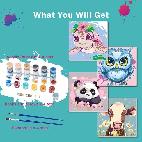 AILIBUT Paint by Numbers for Kids Ages 8-12 & Beginners - 4 Pack Animal Canvas Art Kits with Framed Painting - Easy DIY Color by Number Set for Children, Home Decor & Gifts (8x8 Inch) in Kuwait