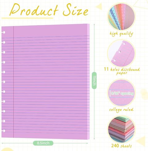PerKoop 12 Pack 240 Sheets Colored Discbound Refill Paper 8.5 x 11 Inch College Ruled 11 Disc Letter Size Lined Paper Multicolored Refill Notebooks for Journaling (Dream Color) in Kuwait