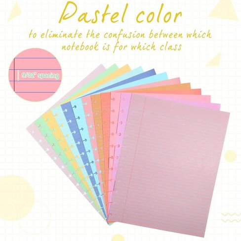 PerKoop 12 Pack 240 Sheets Colored Discbound Refill Paper 8.5 x 11 Inch College Ruled 11 Disc Letter Size Lined Paper Multicolored Refill Notebooks for Journaling (Dream Color) in Kuwait