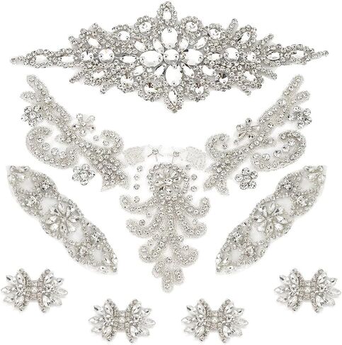 FINGERINSPIRE 8 PCS 4Style Crystal Rhinestone Applique Wedding Rhinestone Appliques Iron on/Sew on Rhinestone Bridal Patches, Silver Bridal Wedding Appliques for Wedding Dress Belt Decoration in Saudi Arabia