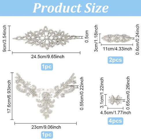 FINGERINSPIRE 8 PCS 4Style Crystal Rhinestone Applique Wedding Rhinestone Appliques Iron on/Sew on Rhinestone Bridal Patches, Silver Bridal Wedding Appliques for Wedding Dress Belt Decoration in Saudi Arabia