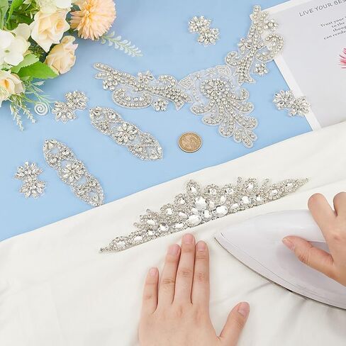 FINGERINSPIRE 8 PCS 4Style Crystal Rhinestone Applique Wedding Rhinestone Appliques Iron on/Sew on Rhinestone Bridal Patches, Silver Bridal Wedding Appliques for Wedding Dress Belt Decoration in Saudi Arabia