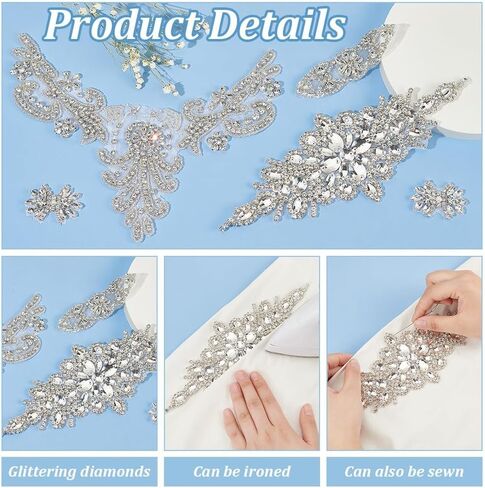 FINGERINSPIRE 8 PCS 4Style Crystal Rhinestone Applique Wedding Rhinestone Appliques Iron on/Sew on Rhinestone Bridal Patches, Silver Bridal Wedding Appliques for Wedding Dress Belt Decoration in Saudi Arabia