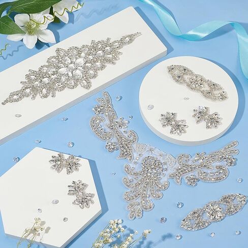 FINGERINSPIRE 8 PCS 4Style Crystal Rhinestone Applique Wedding Rhinestone Appliques Iron on/Sew on Rhinestone Bridal Patches, Silver Bridal Wedding Appliques for Wedding Dress Belt Decoration in Saudi Arabia