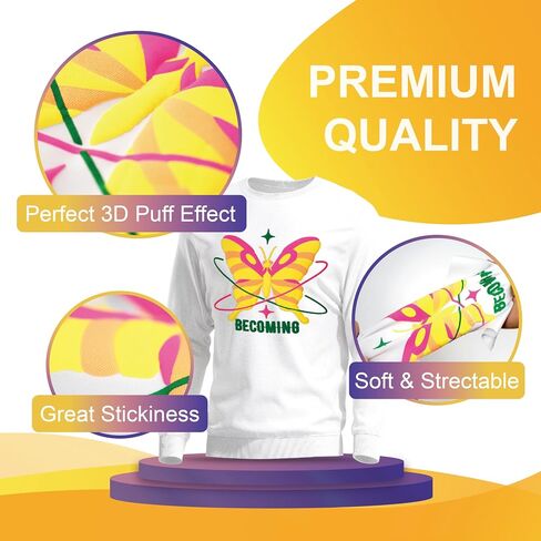 12Pcs Puff Vinyl Heat Transfer, 12x10Inch Assorted Colors 3D Puff HTV, DIY Iron-on Vinyl for T-Shirts, Easy to Cut and Weed, Compatible with Cricut or Cameo (12 Colors Puff) in Kuwait