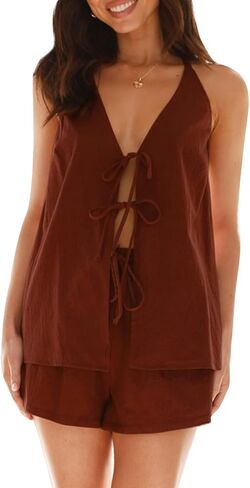 Women Casual Summer Lounge Set Y2k 2 Piece Outfits Set Sleeveless Tie Front Tank Top Vest Boxer Shorts Pj Set in Kuwait