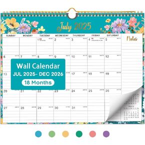 Calendar 2025-2026, Monthly Wall Calendar from July 2025 to December 2026, 11.5" x 14.7", Spiral Binding Hanging Wall Calendar, Perfect for Home or Office, Floral