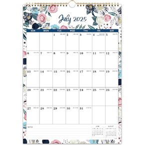 2025-2026 Calendar - 2025-2026 Wall Calendar, July 2025 - December 2026, 12" x 17", Twin-Wire Binding + Hanging Hook + Large Ruled Blocks with Julian Dates - Floral