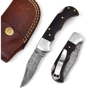 606BU Damascus Steel knife - Pocket Folding with Clip - Handmade Custom Pocket knife for Men – Cool Pocket Good For Camping Hunting Fishing Indoor & Outdoors Activities - EDC Damascus knife - Folding Hunting Knives - Leather Sheath - Folding Pocket Knife 