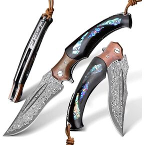 handmade japanese vg10 damascus steel folding knife with ebony lined lock handle, 5.5 "with leather sheath, edc pocket knife, men's outdoor camping fishing