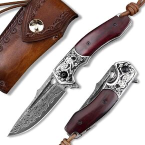 Handmade Japanese VG10 Damascus Steel Folding Knife,Rosewood Liner Lock Handle, Leather Sheath,EDC Pocket Knives for Men Outdoors Camping Fishing