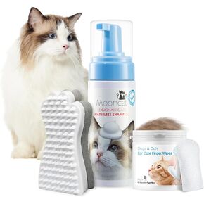 Mooncat Sensitive Cat Grooming Bundle – Waterless Foam Cat Shampoo with Detangling Brush (No Rinse, Licking Safe, Paraben-Free, 5oz) + Cat Ear Cleaner Finger Wipes for Wax Removal & Odor Control (40ct