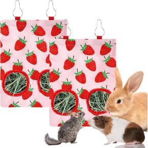 2Pcs Rabbit Hay Feeder Bag with 2 Holes Pink Strawberry Guinea Pig Hanging Hay Feeding Bag Storage Dispenser for Chinchilla Hamster Bunny Small Animal Pet