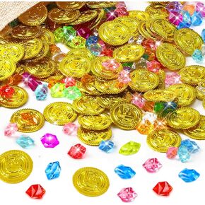 MARFOREVER 246 Pcs Pirate Treasure Gems and Gold Coins Plastic Gems Jewels Fake Pirate Gold Coins Pirate Party Decorations for Halloween Pirate Adventure Birthday Party Decor
