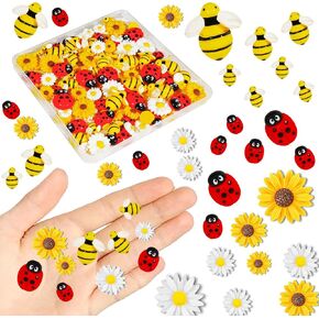 120 Pcs Tiny Bees Daisy Ladybugs Resin Charms Resin Flowers Bee Decor Flatback Bee Ladybugs Daisy Embellishments for DIY Craft Wreath Scrapbooking Home Fairy Garden Decorations