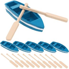 Sewroro 6 PCS Miniature Rooboat ، قارب خشبي Mini Roboat الزرقاء الخشبية مع تماثيل زورق المجاذيف لديكور منزل الحديقة الخيالية