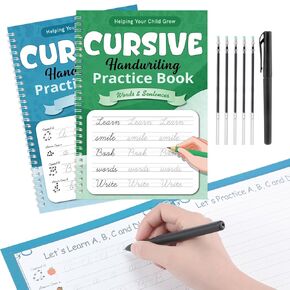 2 Pack Cursive Handwriting Kit Reusable Copybook for Kids Large Grooved Handwriting Practice Book with Special Ink Pens for Kids Learning Activities Supplies