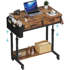 Small Portable Standing Rolling Desk - 32 Inch Adjustable Mobile Stand Up Desks with 2 Fabric Drawers on Wheels, Couch Sofa Side Laptop Table with Storage for Bedroom Home Office, Rustic Brown
