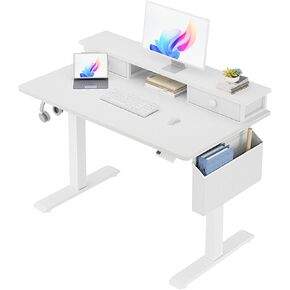White Electric Standing Desk with Drawers - 40 Inch Small Standing Desk with Shelf Monitor Stand Storage Height Adjustable for Home Office, Study Writing Girls Computer Sit Stand Desks for Bedroom