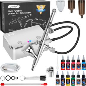 OVAGA 32PSI Airbrush Kit with Compressor, Rechargeable Multi-Function Dual-Action Airbrush Set Portable with Airbrush Paint Set 11 Colors for Painting Makeup Cake Decor Model Coloring Nail Art Tattoo